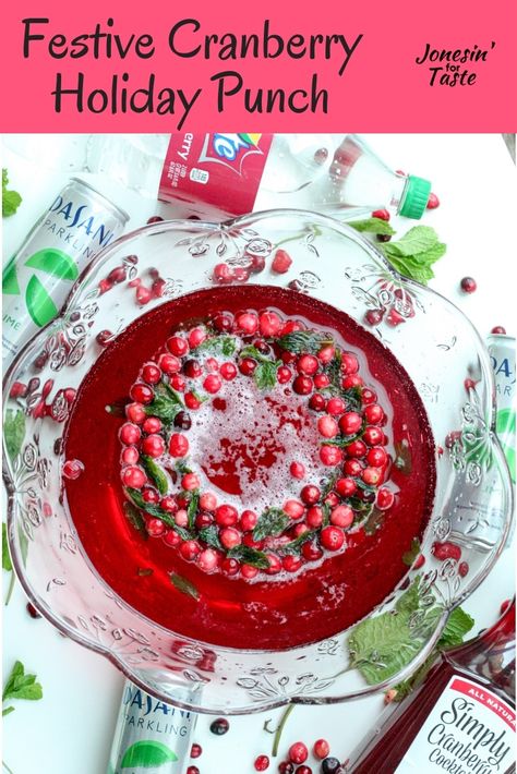 [ad] Festive Cranberry Holiday Punch is a fabulous mocktail made with Sprite® Cranberry, DASANI Sparkling, and Simply Cranberry Cocktail with a fresh cranberry and mint decorative ice ring. #MyHolidayEveryday #CollectiveBias #jonesinfortaste #mocktail #holidays Church Punch Recipe, Cranberry Holiday Punch, Sprite Cranberry, Sherbet Punch, Fresh Cranberry, Lime Sherbet, Ice Ring, Cranberry Cocktail, Holiday Punch