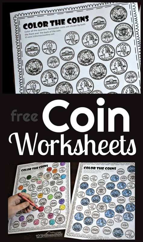 Help children learn American money and work on visual discriminaiton with these free printable coin worksheets. These color by coin worksheet pages help kids learn about money for kids by learning to tell the differences between coins with these fun Money Worksheets.  This color by coin activity is perfect for for preschoolers, pre k, kindergartners, and first graders. This is such a fun no prep free math worksheet! Simply download pdf file with coin recognition worksheetsb and you are ready to Coin Worksheets, Kindergarten Money Worksheets, Counting Coins Worksheet, Money Kindergarten, Coin Sorting, American Money, Teaching Money, Money Activities, Graphing Worksheets