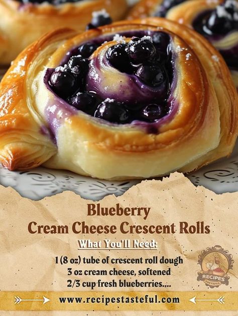 ￼   "Blueberry Cream Cheese Crescent Rolls Recipe  Ingredients: 3 oz cream cheese, softened 1/2 teaspoon vanilla extract 2 1/2 tablespoons powdered sugar 1 (8 oz) tube of crescent roll dough 2/3 cup fresh blueberries  Directions Preheat your oven to 375°F and prepare a baking sheet with parchment paper. In a mixing bowl, blend the softened cream cheese, vanilla extract, and powdered sugar until smooth and creamy. Unroll the crescent dough and separate it into individual triangles. Evenly spread the cream cheese mixture on each triangle, making sure to cover the entire surface. Sprinkle fresh blueberries over the cream cheese mixture on each triangle. Starting from the wider end of each triangle, carefully roll up the dough, encasing the cream cheese and blueberries inside. Place each rolle Spinach Crescent Roll Recipes, Danish Recipe Crescent Rolls, Blueberry Cream Cheese Pastry, Crescent Dough Sheet Recipes Desserts, Blueberry Cream Cheese Crescent Rolls, Sweet Crescent Roll Recipes, Blueberry Cream Cheese Crescent, Crescent Dough Sheet Recipes, Blueberry Rolls