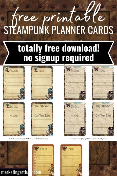 Who doesn't love freebies? Especially when they're as cool as these Steampunk Planner Cards! Printable Labels, Printable Paper, Free Printables, Steampunk Planner Printables Free Steampunk Printables, Witchy Planner Printables Free, Gothic Journal Printables Free, Organizer Printables, Antique Letters, Labels Free Printable, Goals Notes, Vintage Labels Printables Free, Steampunk Journal