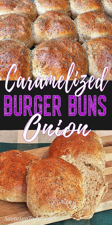 These buns boast the sweet-savory flavor of caramelized onions in every bite. Caramelized Onion Sprouted Wheat Buns are so soft and delicious it will become your go-to sandwich bun recipe! #sproutedwheat #bakingbread Onion Buns Homemade, Onion Hamburger Buns, Sandwich Bun Recipe, Sandwich Buns Recipe, Onion Buns, Today Recipes, Bun Recipes, Sprouted Wheat, Hamburger Bun Recipe