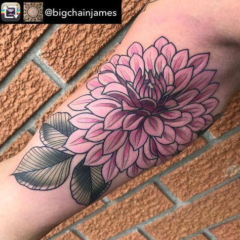 Dahlia for @thatbuddhistchick by @bigchainjames! Give a follow @bigchainjames @bigchainjames @bigchainjames Neo Traditional Dahlia Tattoo, Neo Traditional Dahlia Flower Tattoo, Realistic Dahlia Flower Tattoo, Dahlia Traditional Tattoo, Color Dahlia Tattoo, Dahlia Tattoo Color, Daliah Flower Tattoos, Dalia Flower Tattoo, Dahlia Tattoo Design