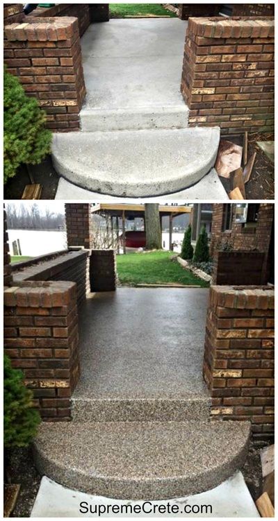 Indian Lake Ohio Concrete Porch Resurfacing﻿ | Supremecrete Cover Concrete Steps, Front Porch Stone, Concrete Front Porch, Concrete Epoxy, Garage Floor Paint, Stencils Painting, Indian Lake, Concrete Resurfacing, Concrete Sealer