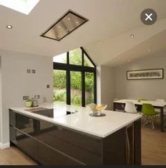 kitchen extension - extractor over island unit with pitched roof | Houzz UK Ceiling Extractor Fan Island, Kitchen Extractor Fan Ideas, Island Extractor Fan, Mono Pitch Roof, Ceiling Extractor Fan, Kitchen Extractor Fan, Ceiling Hood, Pitch Roof, Island Cooker Hoods