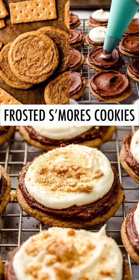 This Frosted S'mores Cookie recipe involves soft and chewy graham cracker cookies topped with smooth chocolate fudge frosting and creamy marshmallow buttercream. Get everyone's favorite campfire dessert at home with these S'mores Decorated Cookies. | s'mores cookies graham cracker | s'mores cookies recipe Campfire Dessert, Campfire Cookies, Drop Sugar Cookies, Graham Cookies, Graham Cracker Recipes, S Mores Cookies, Campfire Desserts, Marshmallow Buttercream, Graham Cracker Cookies