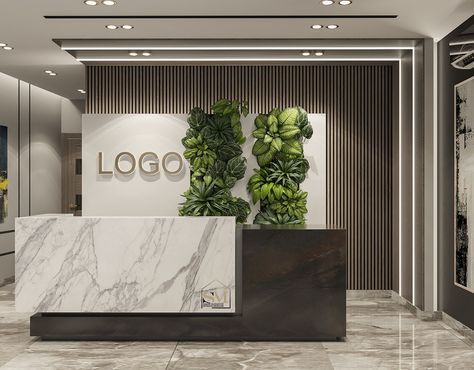 Office Reception Table Design Modern, Company Name Wall Design, Front Reception Desk Ideas, Reception Interior Design Office, Recepsionis Design, Showroom Reception Design, Entrance Office Design, Corporate Office Reception Design, Small Reception Design