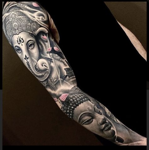 Buddha Sleeve Tattoo, Ganesha Tattoo Sleeve, Buddhist Tattoo Sleeve, Buddha Tattoo Sleeve, Buda Tattoo, Forearm Cover Up Tattoos, Ganesh Tattoo, Tiger Tattoo Sleeve, Full Hand Tattoo