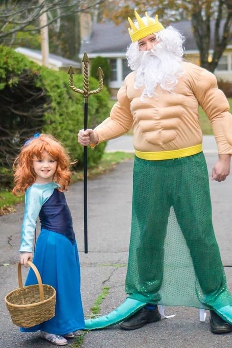 Cute And Easy Father and Daughter Halloween Costumes Father Daughter Halloween Costumes, King Triton Costume, Incredible Costume, School Halloween Costumes, Horse Halloween Costumes, King Triton, First Halloween Costumes, Matching Halloween Costumes, Cheap Halloween Costumes