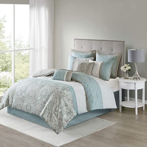 Amazon.com: 510 DESIGN Shawneel 8 Piece Bedding Comforter Set for Bedroom, King Size, Seafoam: Home & Kitchen Blue Comforter Sets, How To Clean Pillows, Quilt Comforter, King Comforter Sets, Queen Comforter Sets, Modern Transitional, Euro Shams, Coverlet Set, Queen Comforter