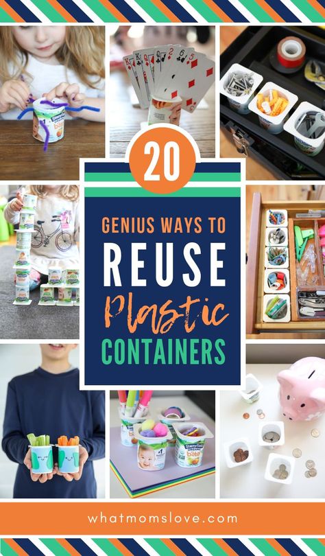 Earth Day Craft for Kids | Easy DIY idea to reuse and "upcycle" plastic containers like yogurt or k-cups. Great activity for toddlers, preschoolers or elementary. #earthday Reuse Plastic Containers, Plastic Container Crafts, Earth Day Craft, Easy Upcycle, Reuse Crafts, Upcycle Crafts, Upcycle Plastic, Small Plastic Containers, Diy Recycled Projects