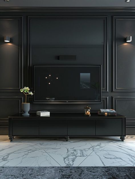 45 Aesthetic Ideas for Decorating Under & Around Your TV Tv On Accent Wall, Snug Tv Room, Tv Styling Ideas, Moody Tv Wall, Dark Wall Behind Tv, Tv On Black Wall, Dark Tv Room, Tv Decor Ideas, Under Tv Decor