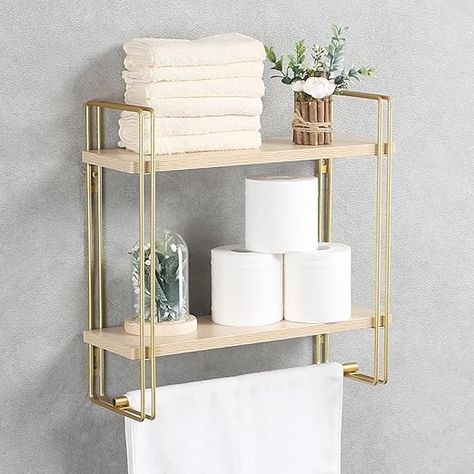 Gold Wall Shelf Bathroom, Gold Floating Shelves Bathroom, Bathroom Shelf And Towel Bar, Floating Shelf Bathroom, Small Bathroom Shelf Ideas, Bathroom Floating Shelves, Gold Mirror Bathroom, Bathroom Shelf With Towel Bar, Florida Decor