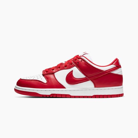 After kicking off its “Team Tones” pack with the Dunk Low “Brazil,” Nike has readied the pack’s second style: the Dunk Low “University Red.” Reminiscent of the white/red Dunk High from 1985’s influential “Be True to Your School” collection and nearly identical to 2005’s Dunk Low “St. John’s” — save for the color of its midsole stitching — the “University Red” is one of the summer’s hottest Nike Dunk releases.  Simplicity is key on this no-frills Nike Sportswear sneaker. White leather quarters, t Nike Dunk Low University Red, Nike Dunk Low Sp, School Series, Nike Branding, Yeezy Sneakers, Nike Models, Baskets Nike, Sneakers Looks, Popular Sneakers