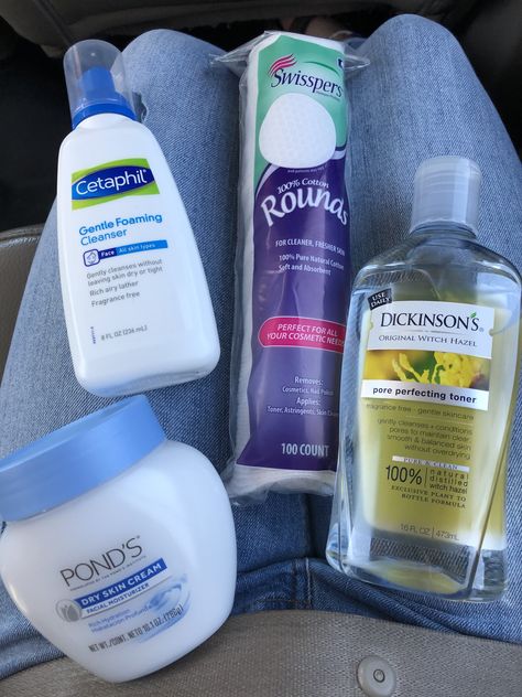 Ponds dry skin cream, dickinsons witch hazel,cetaphil foaming facial cleanser, and facial pads!! My got to! Ponds Dry Skin Cream, Dry Skin Cream, Skincare Goals, Foaming Facial Cleanser, Cream For Dry Skin, Vintage Products, Witch Hazel, Skin Cream, Ponds