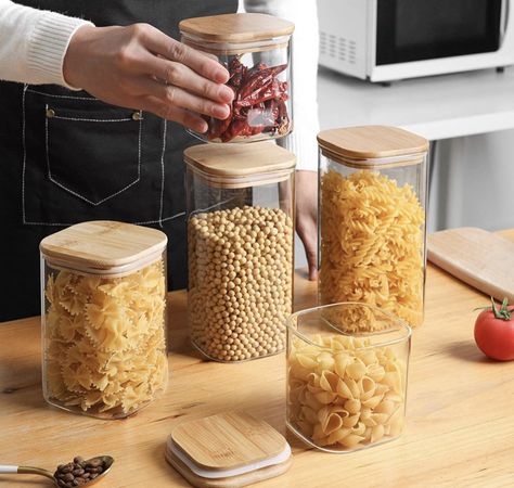 Toples Kaca, Bean Snacks, Desain Pantry, Spice Jar Set, Tea Warmer, Kitchen Canister Set, Kitchen Pantry Storage, Kitchen Spices, Food Storage Container