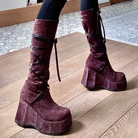 Whimsigoth Boots, Whimsigoth Outfits Purple, Dark Purple Platform Boots, Demonia Boots Tragic Beautiful, Gothic Chunky Platform Boots, Chunky Shoes, Purple Suede, Funky Shoes, Shoe Inspo