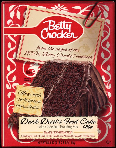 https://flic.kr/p/8gLofS | Betty Crocker Dark Devil's Food Cake Mix, 2010 | Betty Crocker has brought back their old logo for this delicious chocolate cake mix. I don't like most chocolate cakes because they don't taste like chocolate to me. This cake tastes terrific! It even comes with a frosting mix! I hate both the flavor and wax-like texture of frosting in a can.   I've only seen it for sale at Costco, and I think it's a limited edition. Delicious Chocolate Cake, Devil's Food Cake, Devils Food Cake Mix Recipe, Devils Food Cake, Tasty Chocolate Cake, Devils Food, Chocolate Cakes, Vintage Packaging, Old Logo