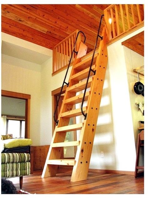 Loft Ladder Ideas, House Ladder, Ship Ladder, Ladder Ideas, Stair Ladder, Cabin Loft, Ladder Design, Wooden Staircase, Tiny House Stairs