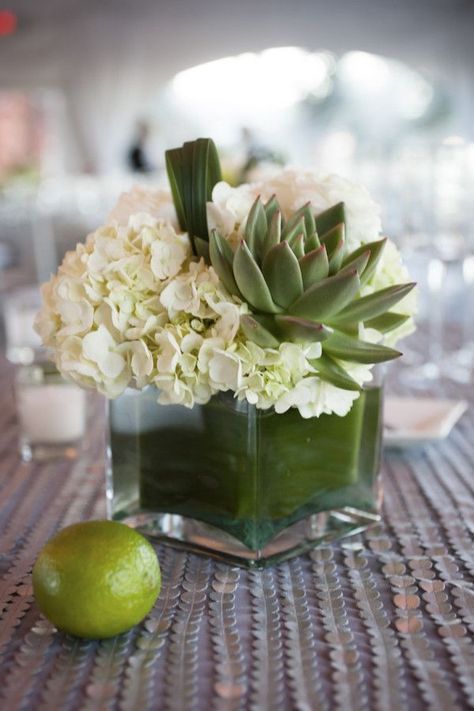 hydrangea and succulent centerpiece Affordable Centerpieces, Succulent Wedding Centerpieces, Square Glass Vase, Floating Candle, Succulent Centerpieces, Flowers And Greenery, Sonoma Wedding, Succulent Wedding, Flower Centerpieces Wedding