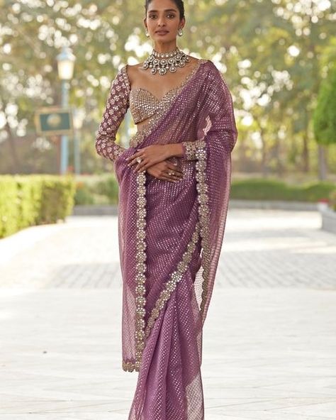 All posts • Instagram Full Hand Saree Blouse, Saree Long Blouse Designs Latest, Full Sleeve Blouse Designs Saree Indian Weddings, Full Sleeve Saree Blouse Design, Lilac Saree Lavender, Designer Sarees For Reception, Lilac Sarees, Full Hand Blouse Designs, Blouse For Organza Saree