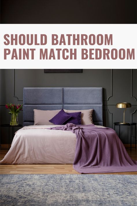 When choosing paint colors for your bedroom and bathroom, it's important to consider the tone you want to create. Want a relaxing oasis in your bathroom? Choose light blues or greens. Going for a more romantic look in your bedroom? Try deep pinks or purples. By considering the function of each room, you can make sure the colors you choose match the mood you're going for. Bedroom And Bathroom Paint Colors, Bedroom And Master Bath Paint Colors, Master Suite Paint Colors, Purple Bedroom Paint, Ensuite Bathroom Ideas Master Bedrooms, Coordinating Paint Colors, Violet Room, Purple Paint Colors, Bath Paint