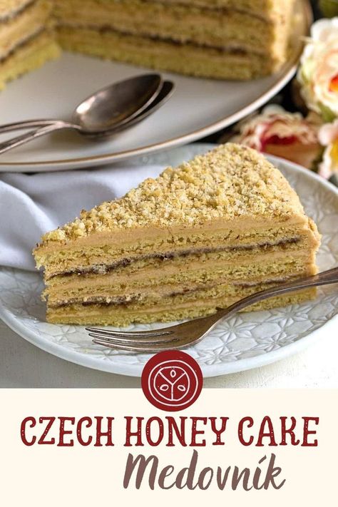 Is there any popular cake typical for Czech cafés? Of course, it is! Its name is Medovník, a layered honey cake with caramel cream filling. The cake with a unique taste is incredibly moist, absolutely delicious, and tends to be the first sweet choice Czechs order with their coffee. Bake Medovnik at home according to this original Czech recipe. It is surprisingly easy to make! Dessert For Potluck, Czech Desserts, Slovak Recipes, Cake With Caramel, Sweet Milk, Cake Decorating For Beginners, Caramel Cream, Czech Recipes, Cream Filling