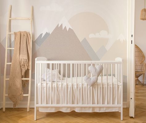 Ground Boho Retro Mountains Wall Decal // Wallpaper // Self - Etsy Boho Mountain Nursery, Gender Neutral Mountain Nursery, Baby Girl Mountain Nursery, Nursery Dark Furniture, Beige Nursery, Mountain Nursery, Mountain Decal, Dark Furniture, Beige Boho