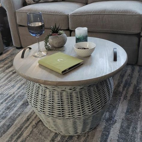 Easy Wicker Basket Coffee Table DIY | Hometalk Storage Baskets Diy, Interior Wood Stain, Hanging Wine Glass Rack, Paint Accents, Old Wicker, Diy Outdoor Table, Crate Diy, Outdoor Bistro, Wicker Storage