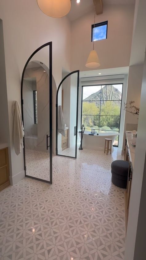 Full slab shower with custom arch shower doors. The coordination of the shower included many steps in the construction process. During… | Instagram Floor To Ceiling Window, Bathroom Design Small Modern, Modern Small Bathrooms, Interior View, Arched Doors, Bathroom Goals, Small Bathroom Design, Construction Process, The Shower