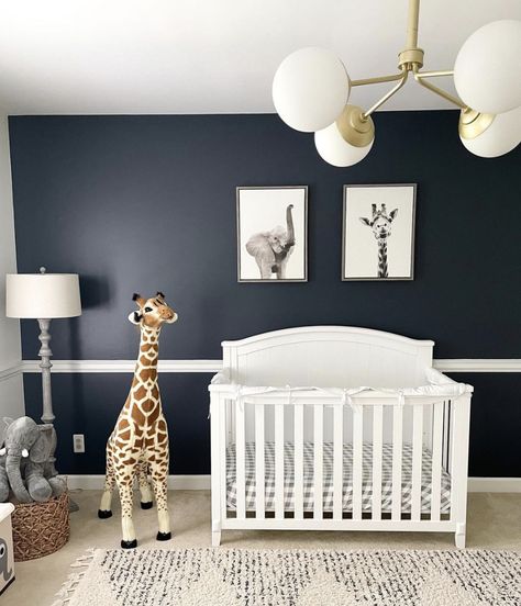 Navy Blue Accent Wall Nursery, Kids Bedroom Ideas For Girls Toddler, Dark Accent Wall, Diy Room Decor For Girls, Navy Nursery Boy, Navy Blue Nursery, Baby Safari Nursery, Gender Neutral Kids Room, Kids Rooms Shared