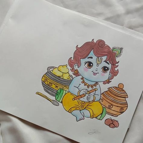 Baby Krishna Drawing, Krishna Drawing Easy, Cute Baby Krishna, Painting In Fabric, Flute Drawing, Animal Sketches Easy, Indian Drawing, Pocket Art, Baby Tattoo Designs