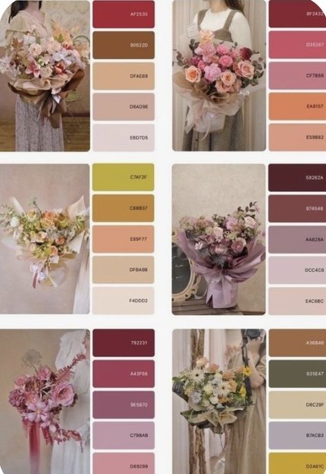 Color Palette For Flowers, Flower Packaging Design Boxes, Flowers Business Ideas, Flower Bouquet Color Palette, Wedding Palette Ideas, Small Flower Shop, Flowers Color Palette, Bouquet Flowers Wedding, Flower Shop Design