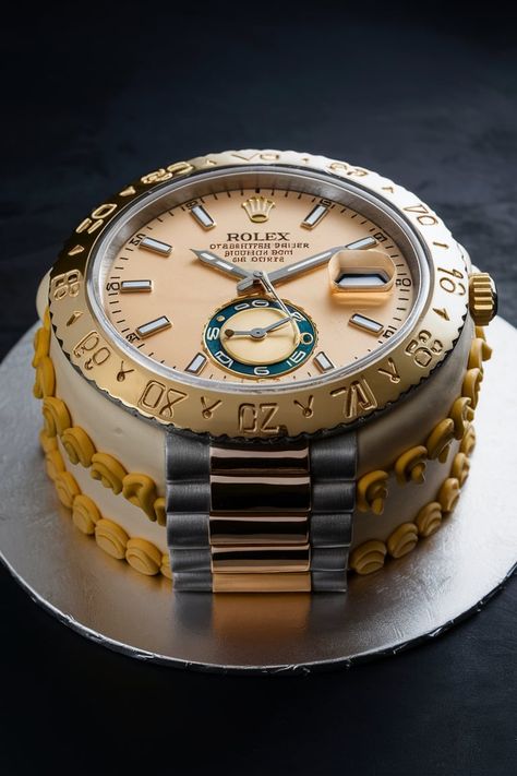 This Rolex-inspired cake is the epitome of luxury and attention to detail, making it the perfect addition to any sophisticated birthday celebration. With elements that mimic the iconic features of a Rolex. It's an ideal choice for someone who appreciates the craftsmanship of luxury watches #rolexcake #cakeideas #birthdaycake #luxurycake #designercake #celebrationcake #cakeinspiration #cakedecorating #baking #sweetreats Gimtadienio Sveikinimai, Rolex Cake, 27 Birthday Ideas, Watch Cake, Cake Samples, Men Cakes, Apple Cake Pops, Luxury Cake, Happy Birthday Wishes Cake