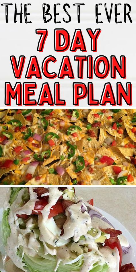 Family Vacation Meals, Beach Vacation Meals, Easy Vacation Meals, Good Meals To Cook, Vacation Meal Planning, Camping Meal Planning, Cottage Meals, Holiday Meal Planning, Meal Planning Menus