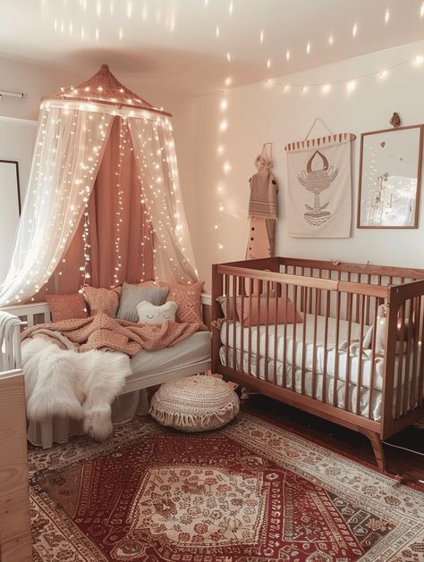 Boho Chic Nursery: Whimsical Fairy Lights and Gauzy Curtains Fairy Lights Nursery, Nursery Ideas Fairy, Nursery Ideas Cozy, Chic Nursery Ideas, Gauzy Curtains, Pink Boho Nursery, Nursery Whimsical, Boho Baby Girl Nursery, Boho Nursery Girl