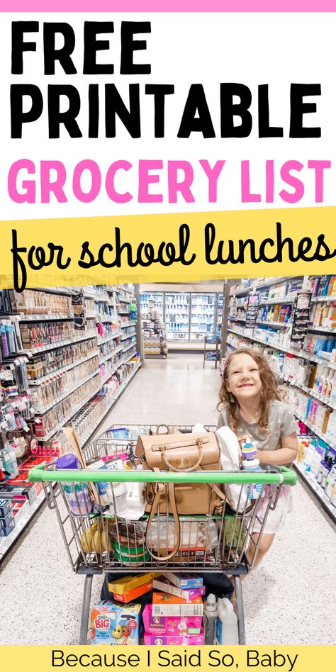 Free Printable Back-to-School Grocery List | Make packing school lunches easier with this free printable PDF grocery list full of easy items for breakfast, lunch, dinner, and snacks! #grocerylist #freeprintable #printable #pdf #download #schoollunch #lunches #lunchbox #backtoschool #groceries #list #schoolyear #breakfast #dinner #snacks #weekday #weeknight #easy via @becausebaby Grocery List For Kids Lunches, School Lunch Shopping List, Back To School Grocery Shopping List, Grocery List For School Lunches, School Lunch Grocery List, Toddler Grocery List, Lunch Grocery List, Kids Grocery List, Grocery List Ideas