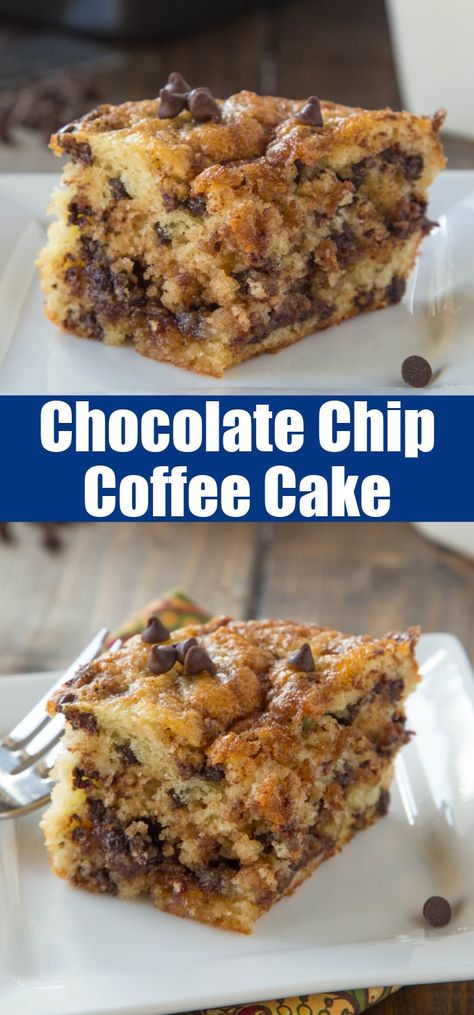 Chocolate Chip Coffee Cake - A light and fluffy coffee cake with a layer of chocolate chip streusel in the middle and on top! Omit the chocolate chips and you have the classic coffee cake you know and love! Fluffy Coffee Cake, Easy Chocolate Chip Cake, Chocolate Chip Coffee Cake, Fluffy Coffee, Classic Coffee Cake, Coffee Cake Recipes Easy, Streusel Coffee Cake, Chocolate Breakfast, Chocolate Chip Bread