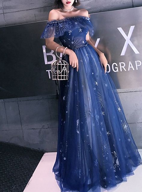 Celestial Wedding Dress Blue, Midnight Blue Dress Prom, Space Themed Prom Dress, Blue Star Prom Dress, Starry Night Theme Dress, Starfall Dress, Night Sky Dress, Formal Gowns Elegant, Star Prom Dress