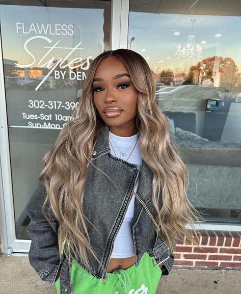 Ombré Ash Blonde, Long Blonde Bob Black Women, Dark Roots Blonde Hair Black Women, Ash Blonde Sew In, Ash Blonde Balayage Black Women, Blonde Hair Dark Skin Women, Ash Blonde Dark Skin, Colored Wig Ideas, Brown Roots Blonde Hair Balayage