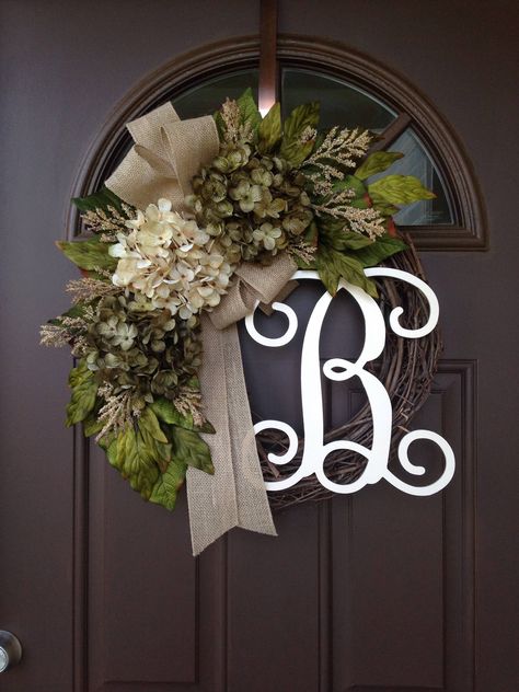 Wreath for Front Door Personalized Gift for Couple Monogram Wreath Year Round Wreath All Season Wreath Grapevine Wreath - Etsy Canada Front Door Wreaths Diy, Front Door Monogram, Initial Wreath, All Season Wreath, Door Wreaths Diy, Hydrangea Wreath, Year Round Wreath, Monogram Wreath, Round Wreath