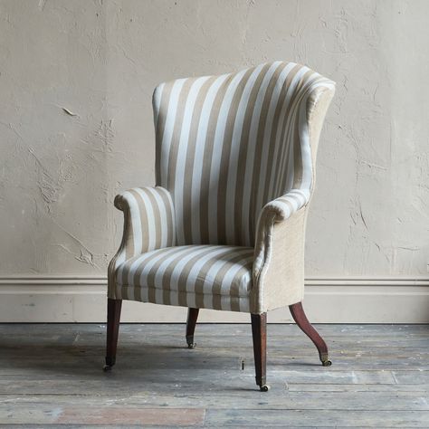 This Georgian wingback has now been restored and lined with a vintage striped ticking which was a market find from our recent visit to Léon. . . . . . . #timelessinteriors #countryhomesandinteriors #periodproperty #countrylivingroom #antiquesidetable #wingbackchair #countryantiques #decoratingwithantiques #traditionalupholstery #antiquehomes #antiquesandinteriors #antiqueinteriors #traditionalinteriors #georgianhouse #georgianfurniture #antiquechair #antiqueseating Georgian Furniture, Antique Side Table, Wingback Armchair, Timeless Interiors, Period Property, French Stripes, Country Antiques, Georgian Homes, Country Living Room