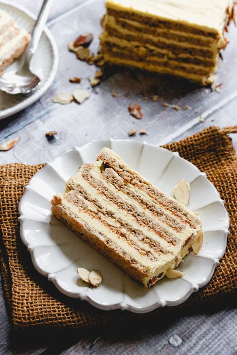 Hazelnut Vanilla Layer Cake {Esterhazy Schnitten} - Joanne Eats Well With Others Vanilla Layer Cake, Hazelnut Meringue, Hazelnut Cake, A Piece Of Cake, Piece Of Cake, Sliced Almonds, Food Cakes, Let Them Eat Cake, Layer Cake