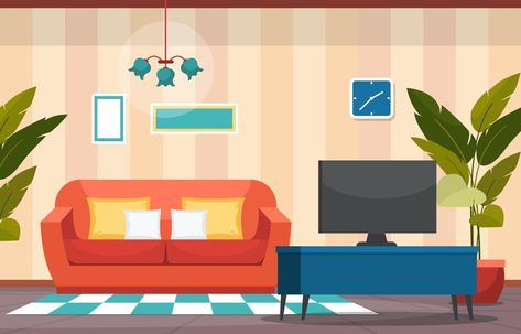 Living Room Vector Illustration, Living Room Cartoon Background, Living Room Illustration Cartoon, Plant In Living Room, Living Room Vector, 1950s Living Room, Living Room Clipart, Human Animation, Living Room Cartoon