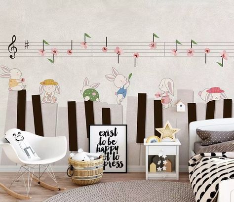 Kids Wallpaper Cartoon Piano Wall Mural Music Notes Wall Art Nursery Wall Decor Childroom Baby Room Cartoon Piano, Music Themed Nursery, Rabbits Wallpaper, Music Themed Bedroom, Music Notes Wall Art, Music Nursery, Piano Wall, Musical Wallpaper, Kindergarten Interior