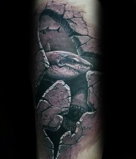 Shark Tattoo Men, Tattoo Stone, Ripped Skin Tattoo, Hai Tattoo, Realistic Butterfly Tattoo, Octopus Tattoo Sleeve, Tatoo 3d, Stone Tattoo, Shark Tattoo