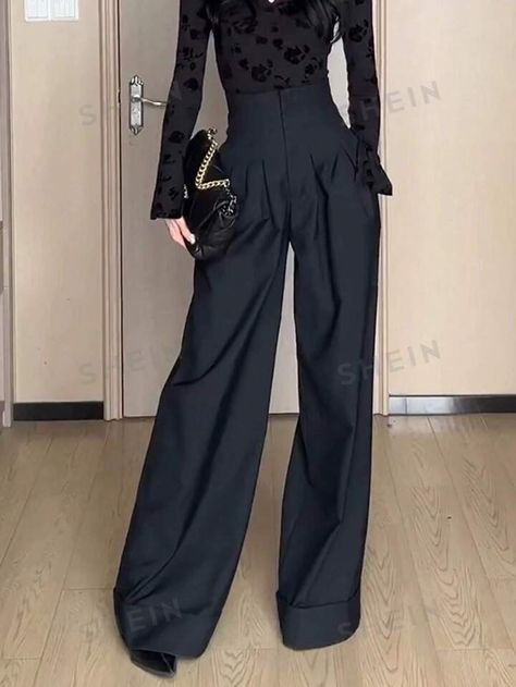 SHEIN Privé Solid Color High Waist Pleated Wide Leg Pants With Slanted Pockets | SHEIN USA High Waist Pleated Pants, Corp Goth, Modeling Outfits, Pleated Wide Leg Pants, Elegant Pant, Formal Pants, High Waist Pants, Women Formals, Women Pants