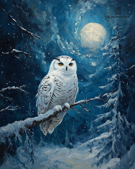 Capture the quiet majesty of a snowy owl perched in a moonlit winter forest, brought to life in the rich, swirling textures of Van Gogh's iconic style. This digital print blends the ethereal beauty of a snowy landscape with the mysterious allure of nocturnal wildlife, making it a perfect piece to add a touch of winter's magic to your decor. WATERMARKS WILL BE REMOVED UPON PURCHASE/DOWNLOAD PRINTABLE ART | Instantly download, print, and frame this captivating wildlife scene. Ideal for enhancing y Winter Owl Painting, Winter Owl Art, Snowy Owl Painting, Moonlit Winter, Snowy Owl Art, Snow Owls, Forest In Winter, Forest Wildlife, Beautiful Winter Scenes