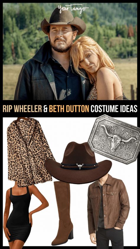 Rip Wheeler Costume, Bath And Rip Costume Yellowstone, Rip Halloween Costume, Beth Dutton Hairstyle How To, Beth Dutton Costume Makeup, Beth Dutton Leopard Coat Outfit, Casey Dutton And Monica Costume, Beth Dutton Halloween Costume Ideas, Beth And Rip Costume Yellowstone