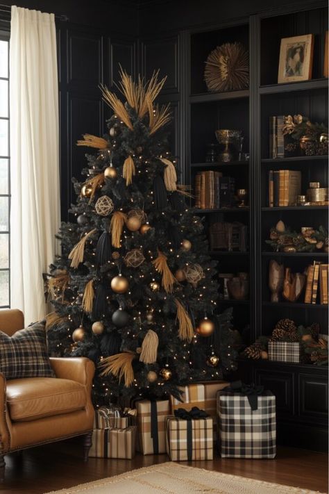 21 Jaw-Dropping Color Schemes Ideas for Black Christmas Tree - H.M.G Black Rustic Christmas Tree, Black Christmas Tree Aesthetic, Boho Christmas Tree Bohemian, Moody Christmas Tree, Christmas Tree Color Schemes, Christmas Tree Colour Scheme, Boho Christmas Tree, Bohemian Holiday, Holiday Trees