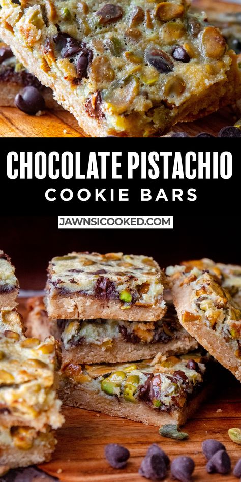 These easy Chocolate Pistachio Cookie Bars come together in a flash, for a simple, yet luxurious dessert that's great for a crowd! With a quick and simple crust and a gooey pistachio nut and chocolate texture, these irresistible pistachio squares are always a hit. Pistachio Cookie Bars, Pistachio Chocolate Chip Cookies, Recipes With Pistachios, Pistachio Squares, Pistachio Bars, Pistachio Desserts, Pistachio Recipes Desserts, Luxury Desserts, Pistachio Bark